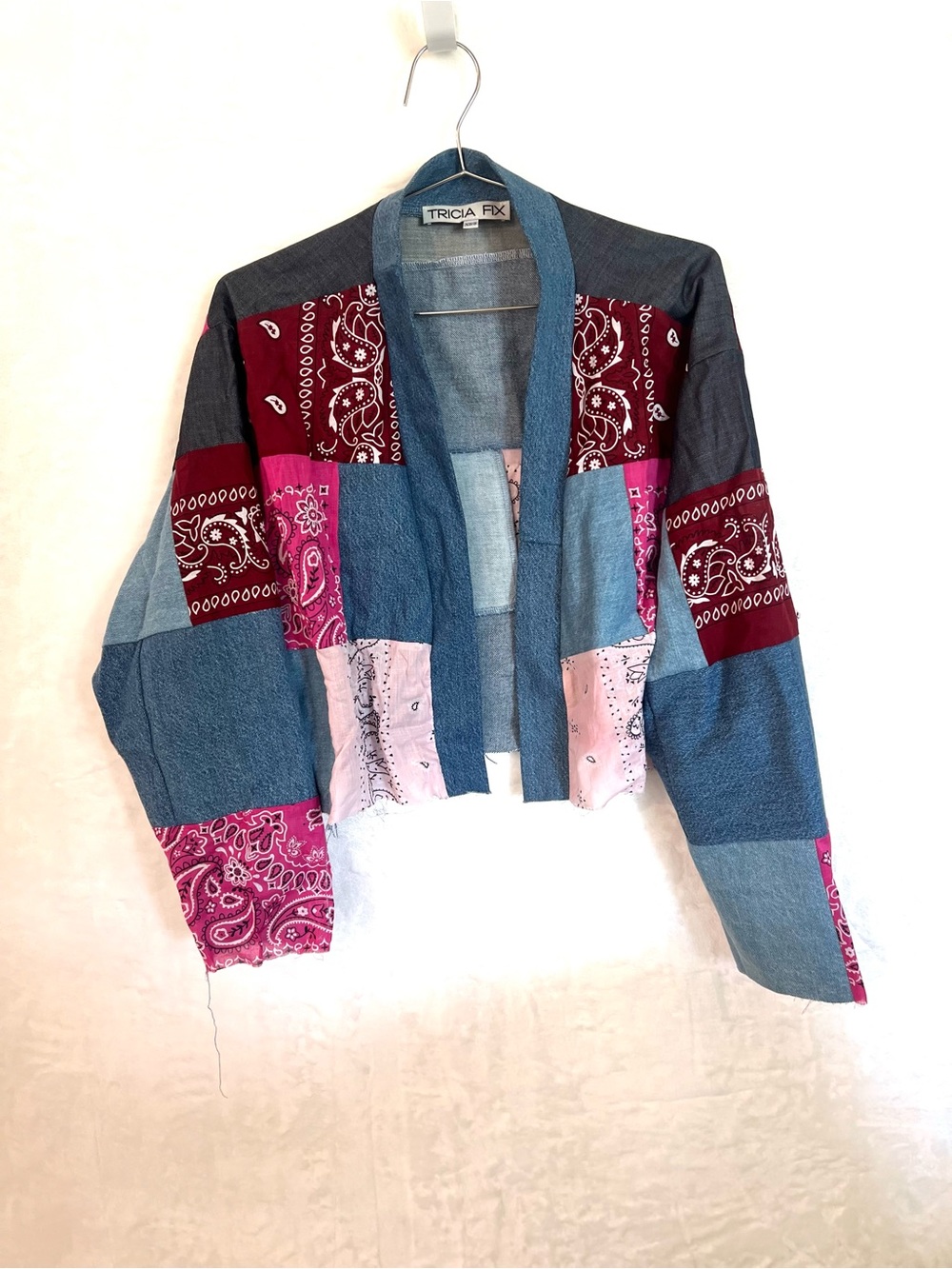 Tricia Fix Patchwork Bandana Denim boxy crop western Oversize Jacket Xs/s